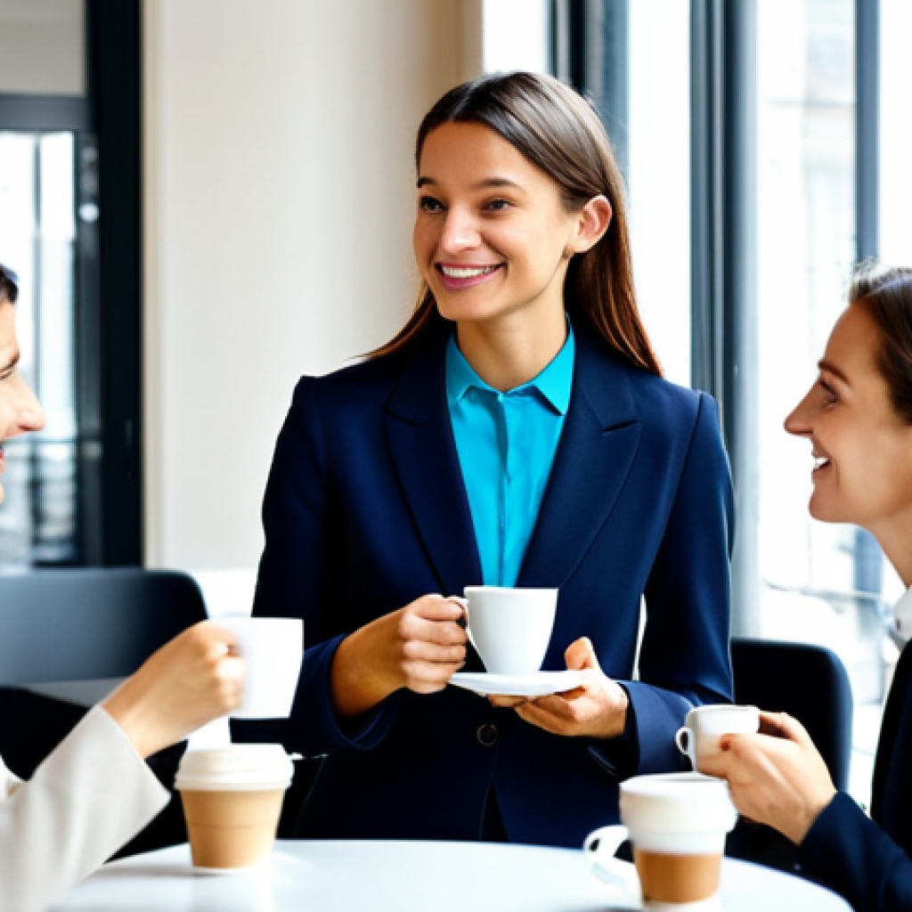 **
"A bright and modern office in Paris. A French businesswoman, *fully clothed* in a chic, *modest* business suit, is enjoying a relaxing coffee break with colleagues. The atmosphere is friendly and collaborative. *Safe for work*. *Appropriate content*. *Professional* environment. Perfect anatomy, correct proportions, well-formed hands, natural pose, professional photography, high quality."
**