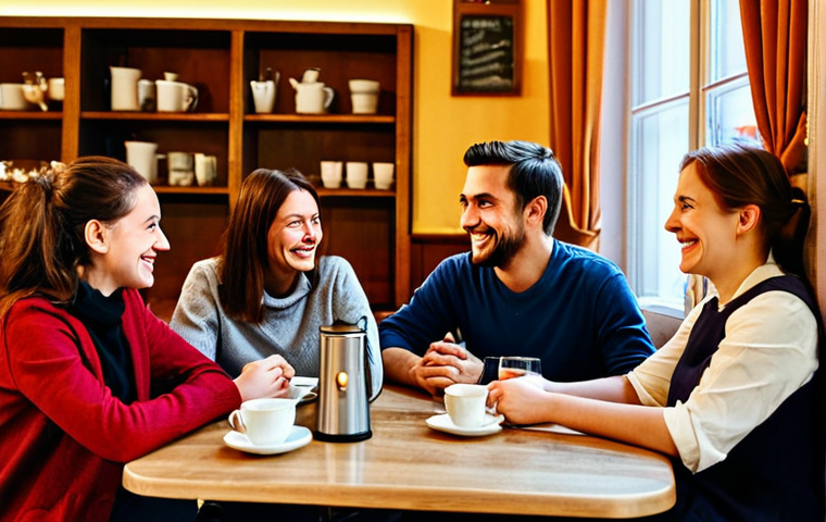 독일과 오스트리아 유사점 - Language & Culture**
"A friendly language exchange meetup in a cozy Viennese café, people are fully...