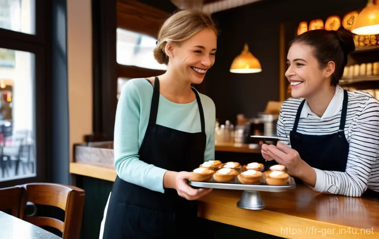 독일에서 팁 문화 이해하기 - A cheerful French female tourist, dressed in stylish casual wear, is standing at the cashier in a co...