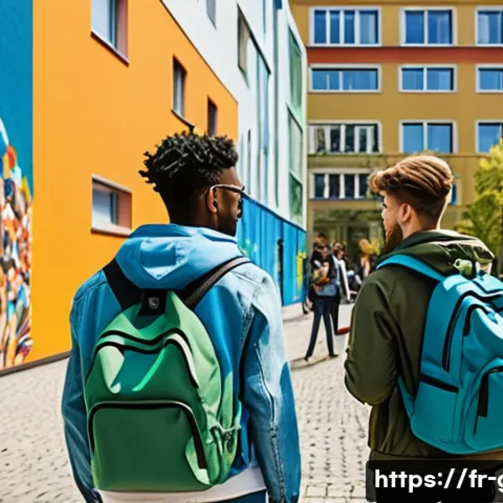 독일에서 학생으로 생활하기 - A vibrant university campus scene in Berlin showcasing diverse students engaging in artistic activit...