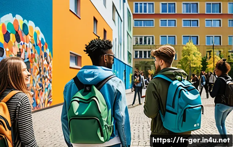 독일에서 학생으로 생활하기 - A vibrant university campus scene in Berlin showcasing diverse students engaging in artistic activit...
