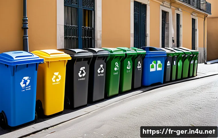 독일에서 쓰레기 분리수거하는 법 - A vibrant urban street scene in a French neighborhood showing multiple clearly labeled recycling bin...