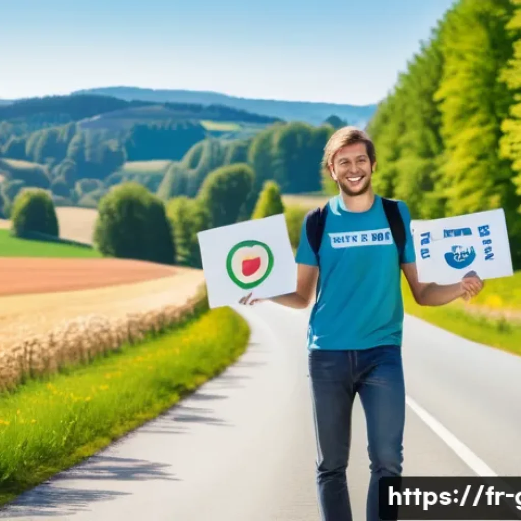 독일에서 히치하이킹 가능할까 - A young adult hitchhiker standing on a rural German country road in daylight, wearing visible bright...