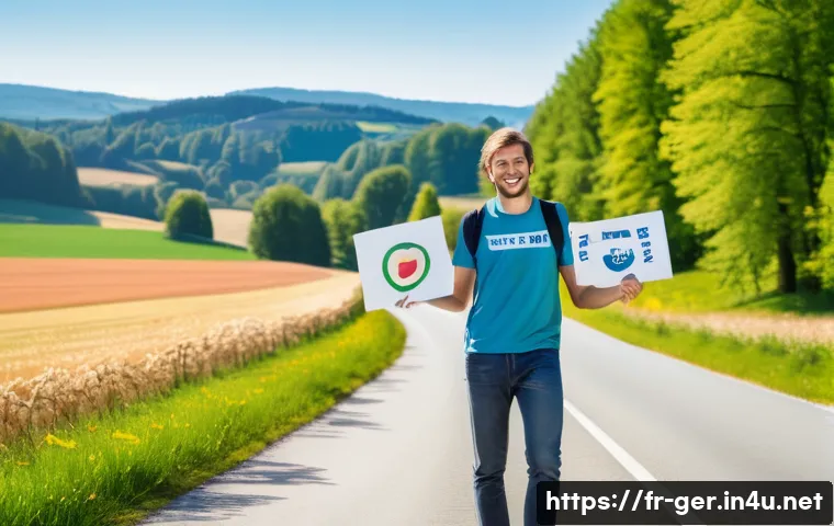 독일에서 히치하이킹 가능할까 - A young adult hitchhiker standing on a rural German country road in daylight, wearing visible bright...