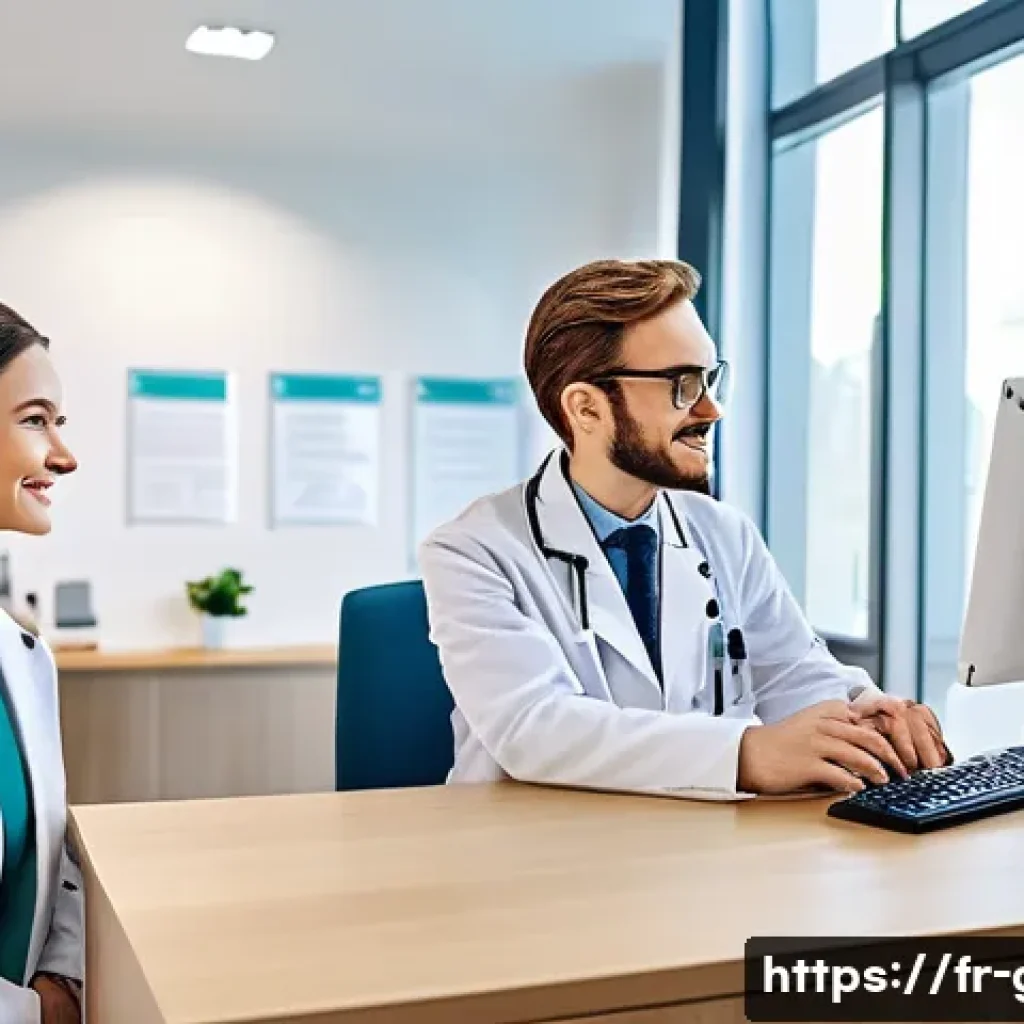 독일의 복지 제도 - A modern German healthcare clinic interior scene showing a diverse group of patients and healthcare ...