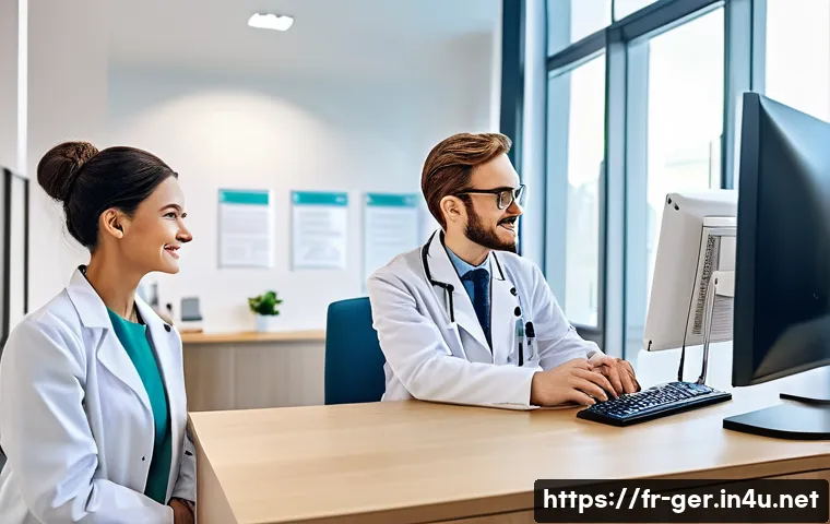 독일의 복지 제도 - A modern German healthcare clinic interior scene showing a diverse group of patients and healthcare ...