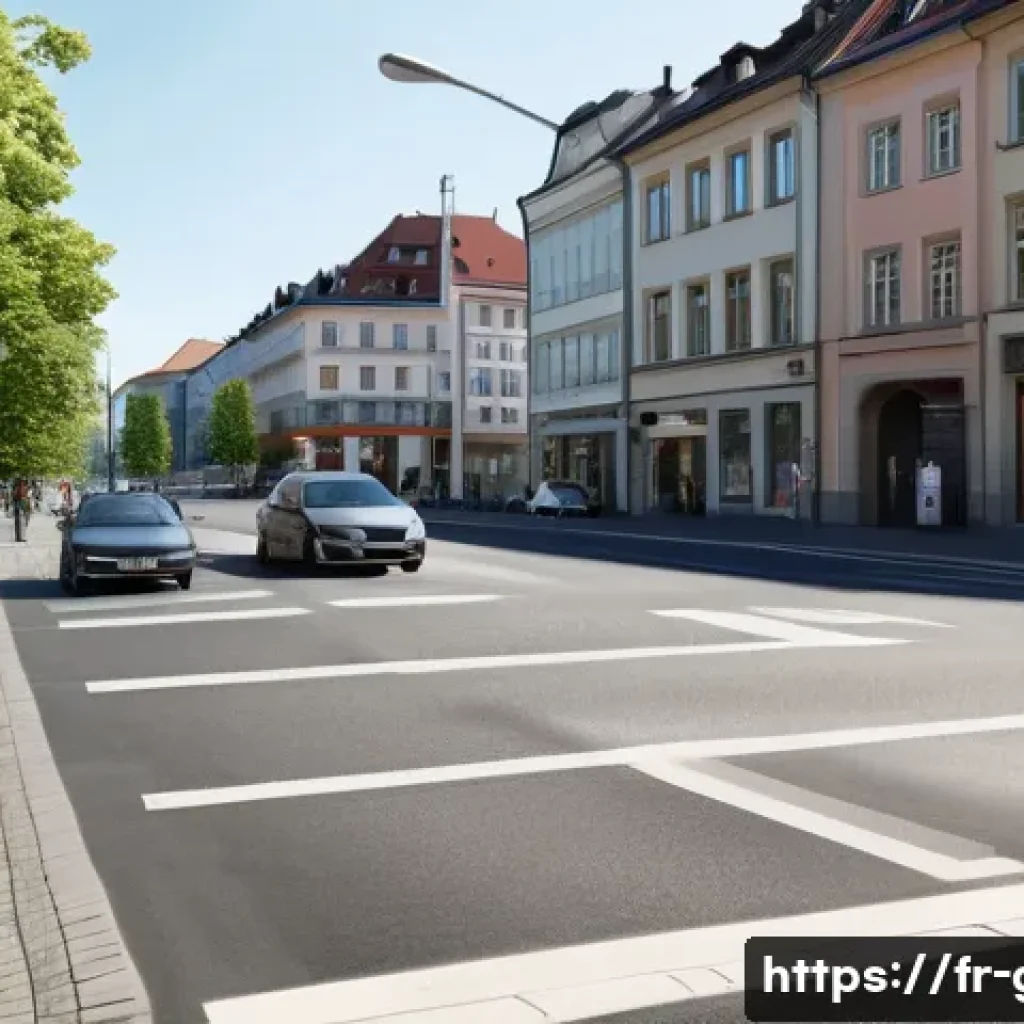 독일에서 운전 시 벌금 부과 기준 - A detailed street scene in a German city showing a disciplined driver stopping at a red traffic ligh...