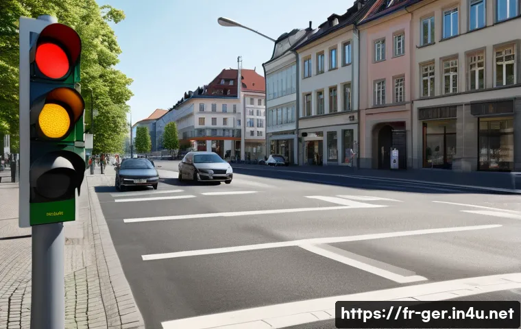 독일에서 운전 시 벌금 부과 기준 - A detailed street scene in a German city showing a disciplined driver stopping at a red traffic ligh...