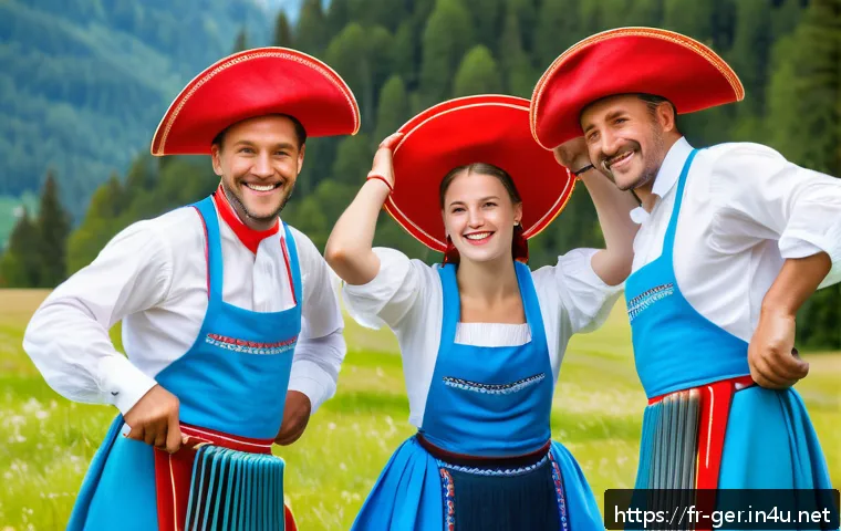 독일 민속 춤 - A vibrant scene of traditional Bavarian Schuhplattler dancers performing outdoors during a sunny fes...