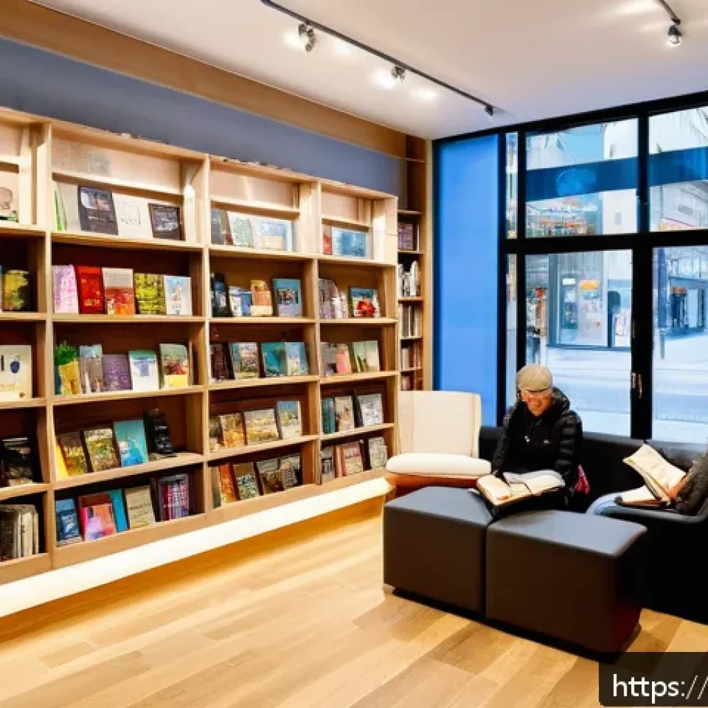독일의 서점 문화 - A cozy German bookstore interior blending tradition and modernity: warm wooden bookshelves filled wi...