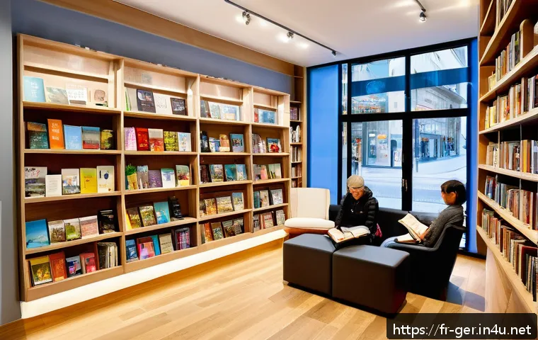 독일의 서점 문화 - A cozy German bookstore interior blending tradition and modernity: warm wooden bookshelves filled wi...