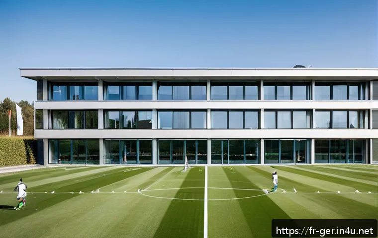 독일에서 인기 있는 스포츠 - A panoramic view of a modern German football training center during daytime, showcasing multiple wel...