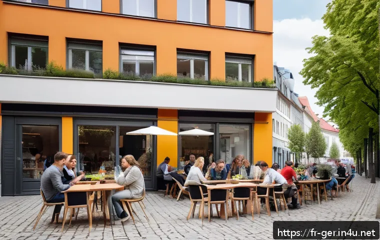 독일에서 아파트 구하는 법 - A detailed urban scene of a busy German city rental market, featuring modern apartment buildings in ...