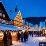 독일의 크리스마스 분위기 - A cozy German Christmas market scene at dusk, with wooden stalls adorned with intricate hand-carved ...