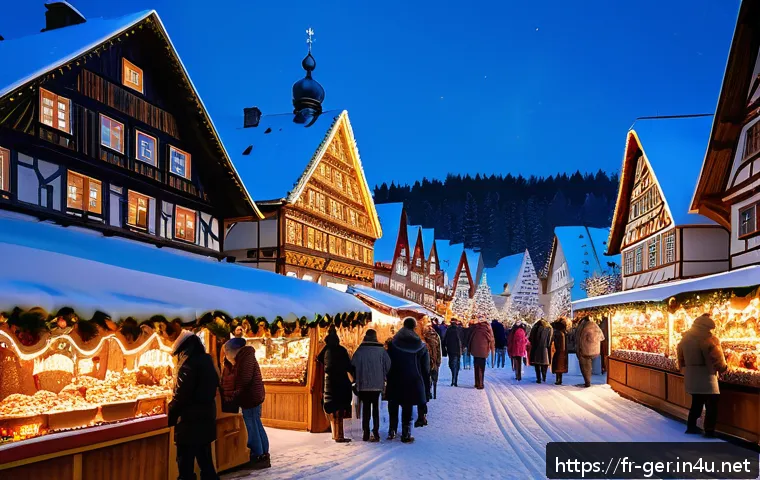 독일의 크리스마스 분위기 - A cozy German Christmas market scene at dusk, with wooden stalls adorned with intricate hand-carved ...