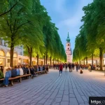 독일에서 가장 안전한 도시 - A vibrant urban park scene in Munich at dusk, featuring well-maintained green spaces with diverse gr...
