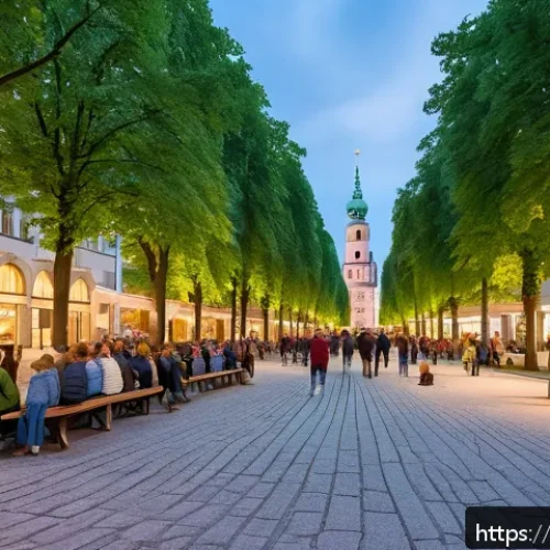 독일에서 가장 안전한 도시 - A vibrant urban park scene in Munich at dusk, featuring well-maintained green spaces with diverse gr...