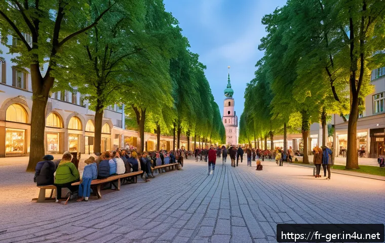독일에서 가장 안전한 도시 - A vibrant urban park scene in Munich at dusk, featuring well-maintained green spaces with diverse gr...