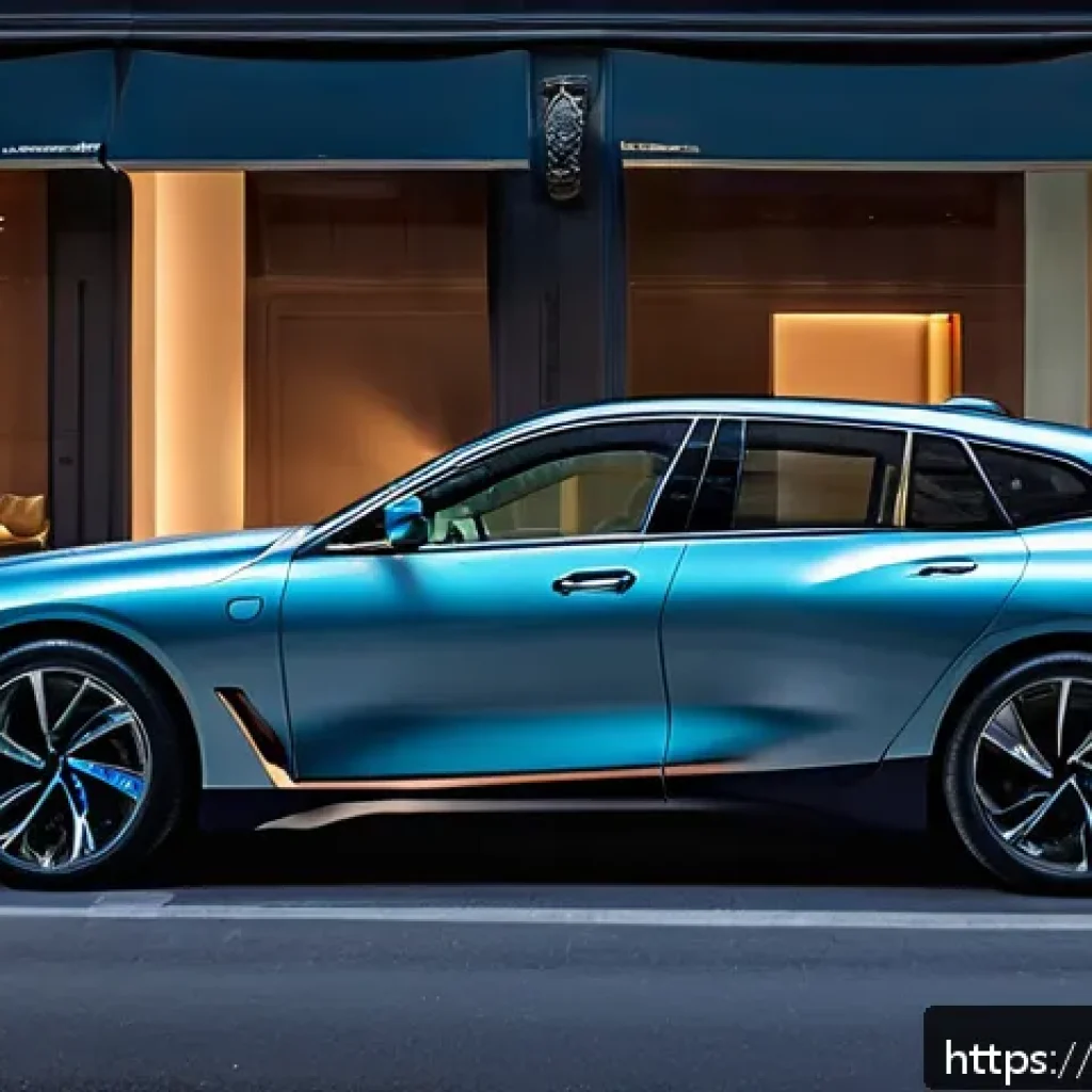 독일 자동차 브랜드 비교 - A sleek, futuristic electric BMW i4 parked on a modern Paris street at dusk, illuminated by soft cit...
