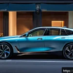 독일 자동차 브랜드 비교 - A sleek, futuristic electric BMW i4 parked on a modern Paris street at dusk, illuminated by soft cit...