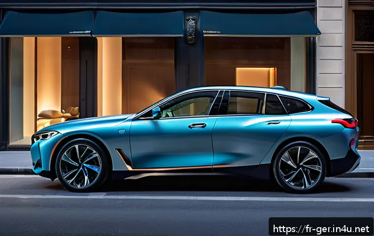 독일 자동차 브랜드 비교 - A sleek, futuristic electric BMW i4 parked on a modern Paris street at dusk, illuminated by soft cit...