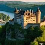 독일의 유명한 고성 여행 - A majestic medieval castle perched atop a steep cliff overlooking the Rhine River at sunset, featuri...