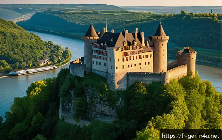 독일의 유명한 고성 여행 - A majestic medieval castle perched atop a steep cliff overlooking the Rhine River at sunset, featuri...