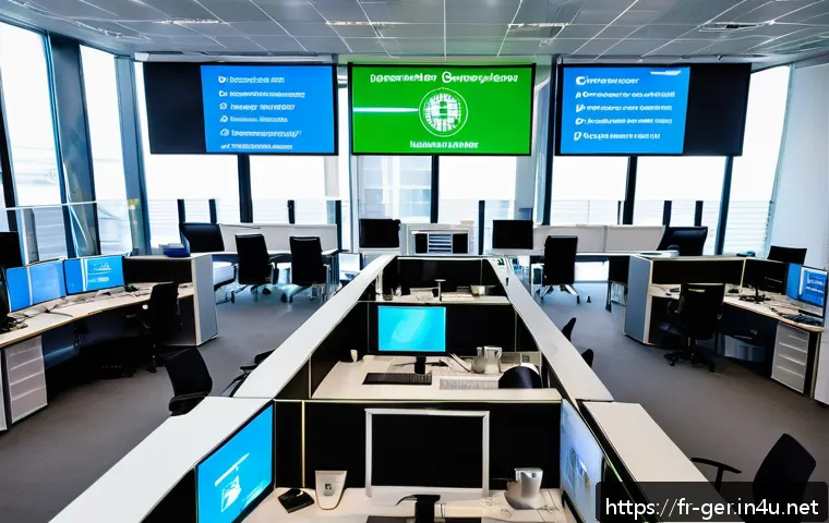 독일 여행 중 긴급 상황 대처법 - A detailed scene of a modern German city emergency call center, with diverse operators wearing heads...