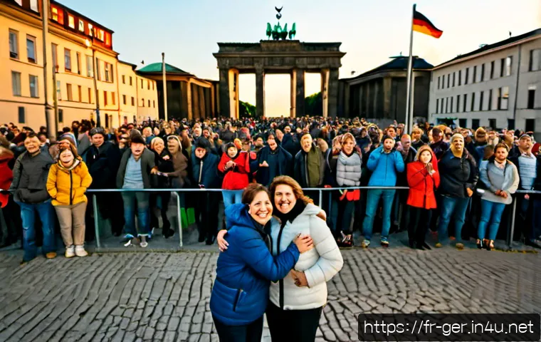 독일 통일 과정 - Photorealistic historical scene of German reunification, diverse East and West German families joyfu...