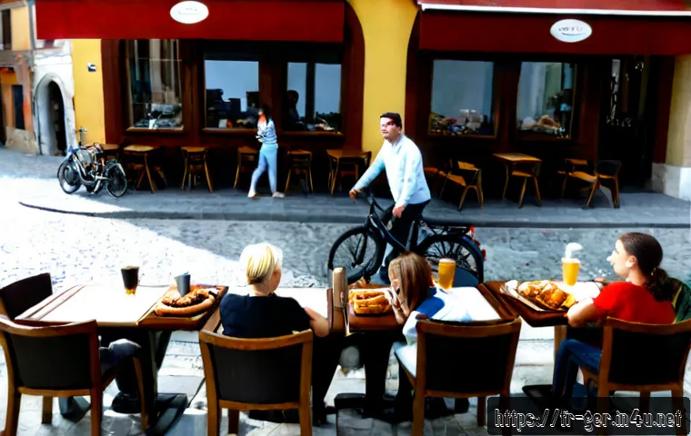독일과 이탈리아 문화 차이 - Photorealistic split-scene comparison of everyday culture: a tidy German outdoor café with orderly w...