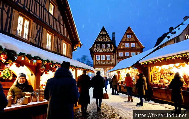 독일에서 연말연시 보내는 방법 - Photorealistic winter evening at a traditional German Christmas market, French-speaking travelers in...